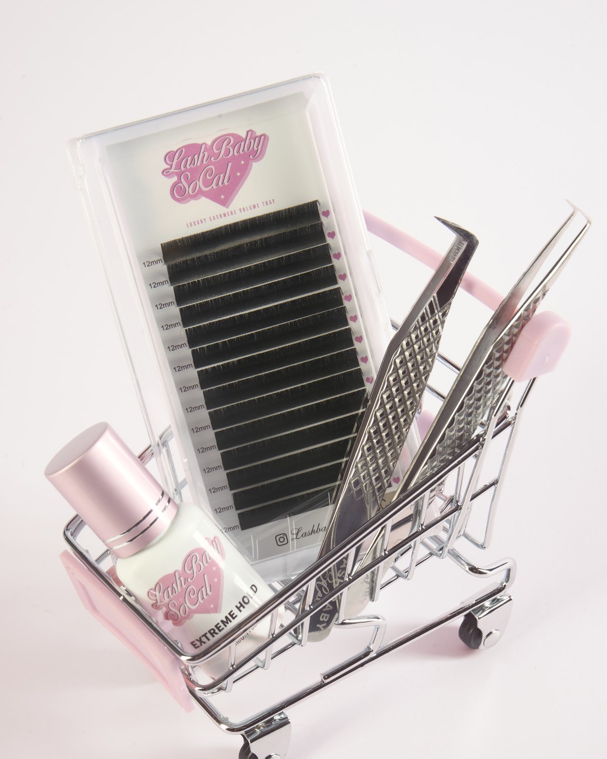 Lash Baby SoCal volume tray, tweezers and Extreme Hold adhesive